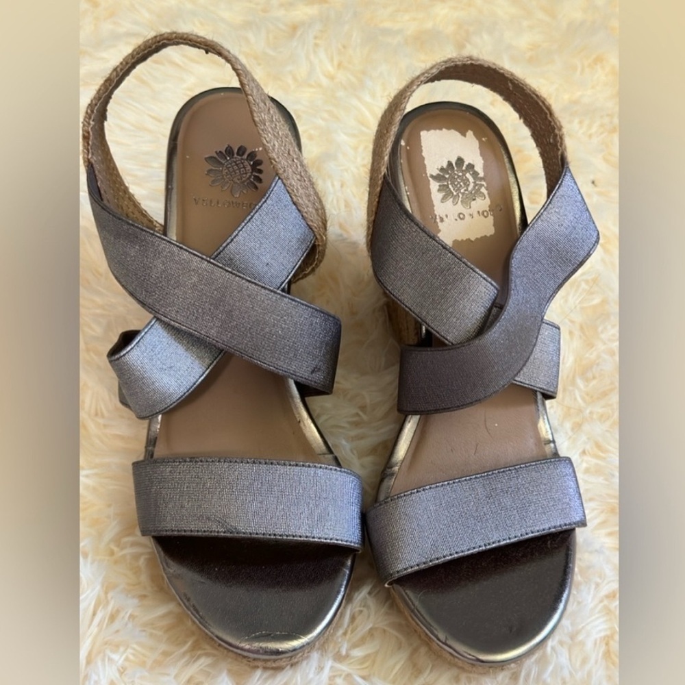 Yellow Box pewter wedges, silver metallic, ankle strap, espadrille, women’s Sz 8 - Picture 2 of 5